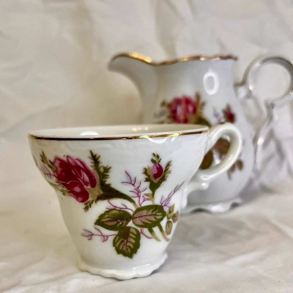 Vintage Moss Rose Japan Porcelain Tea Cup & Creamer Pitcher Set Gilded Gold Trim